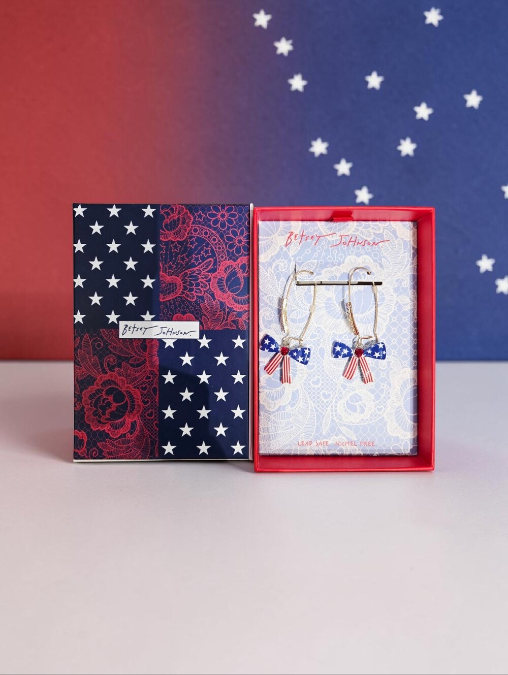 NEW Betsey Johnson Americana Bow Shepherd Hook Earrings Blue 2 inches NWT